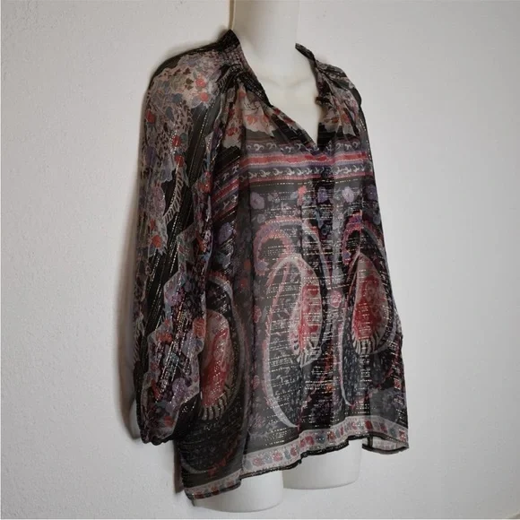 TUCKER Bergdorf Goodman Boho 100% Silk Button Down Sheer Blouse Metallic Size S - Picture 4 of 11